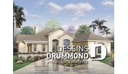 Vue avant - MODÈLE DE BASE - Plan de maison de style Floride, grande terrasse, 3 à 4 ch., garage triple, superbe patio arrière abrité - Fara
