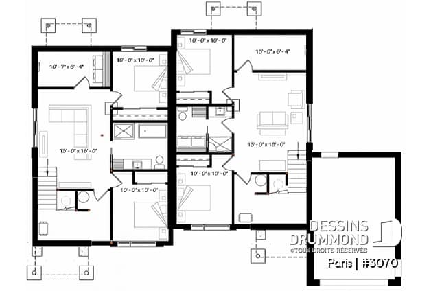 Sous-sol - Plan de jumelée contemporain, 1 à 3 chambres, 2 salles de bain, cuisine avec îlot, buanderie, garage d'un côté - Paris
