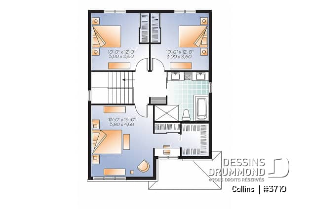 Étage - Plan maison contemporaine 3 chambres, grande cuisine avec garde-manger, buanderie au r-d-c, chute à linge - Collins 