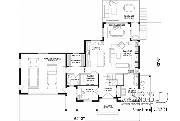 Rez-de-chaussée - Plan de maison Farmhouse à étage, avec garage double et 4 à 6 chambres, rez-de-jardin aménagé - Carolina