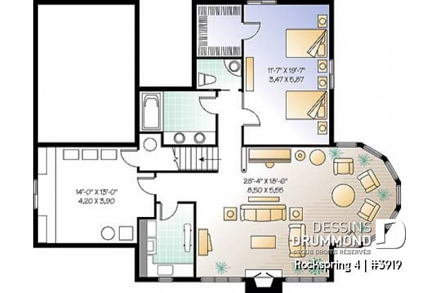 Sous-sol - Plan de maison avec fondation en rez-de-jardin, 2 à 4 chambres, foyer, plafond cathédral - Rockspring 4