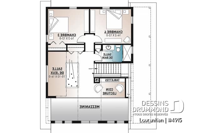 Étage - Plan de chalet rustique 4 chambres, garage, balcons abrités, terrasse, foyer, mezzanine avec coin loft - Laurentien