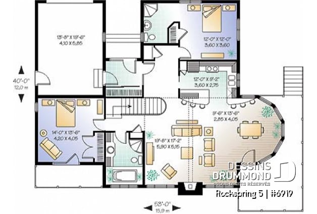 Rez-de-chaussée - Plan de maison style chalet panoramique, 2 à 4 chambres selon finition du sous-sol, plafond cathédral, foyer - Rockspring 5