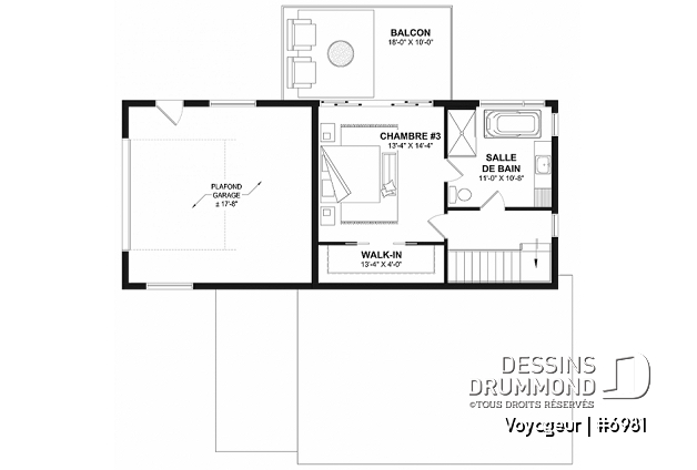 Étage option 1 - Plan flexible: mini-maison 1 chambre avec garage attaché pour VR OU maison 3 chambres, 3 sdb, avec garage - Voyageur