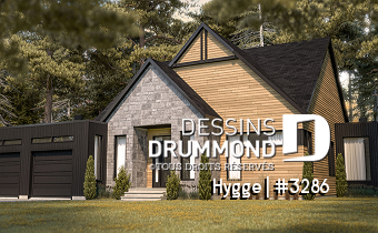 Version couleur no. 1 - Vue avant - Plan de maison style scandinave, 3 chambres, garage double, suite des maîtres, beaucoup de fenêtres, foyer - Hygge