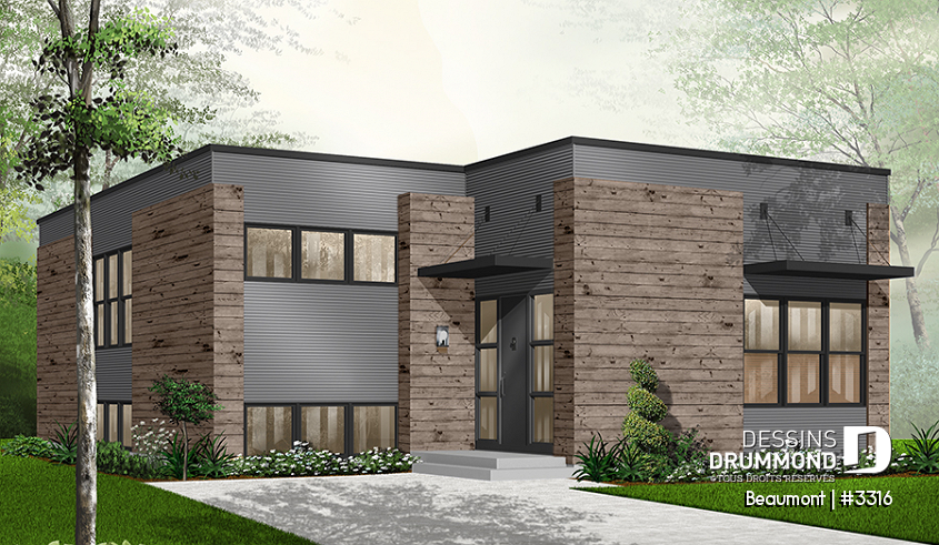 Version couleur no. 4 - Vue avant - Plan d'un plain-pied moderne cubique avec bureau à domicile et 2 chambres et grande terrasse abritée - Beaumont