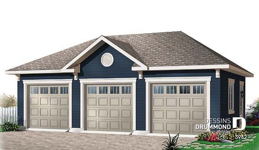 Vue avant - MODÈLE DE BASE - Plan de garage triple, pouvant s'harmoniser avec tous les styles de maison - Carson