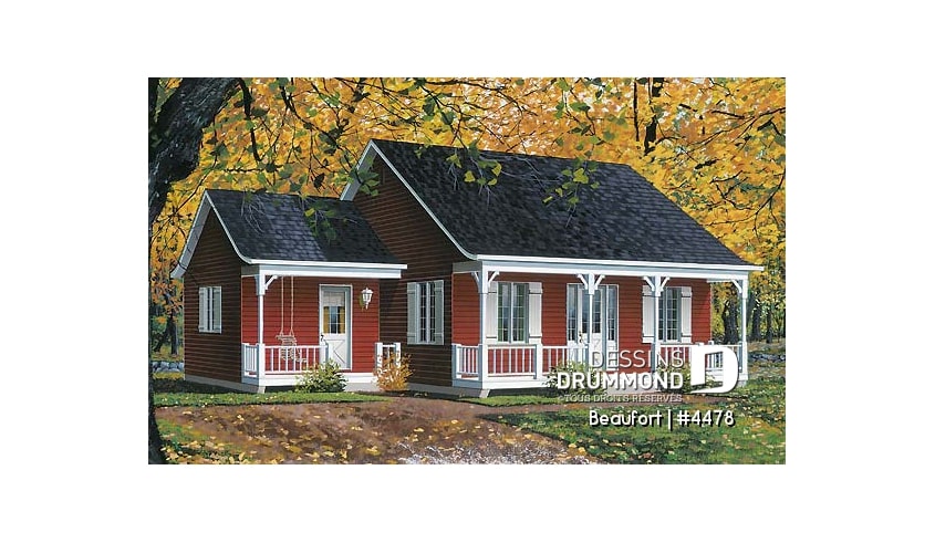 Vue avant - MODÈLE DE BASE - Plain-pied populaire style ranch, plan de maison avec 2 entrées, 2 chambres et galerie arbitrée - Beaufort