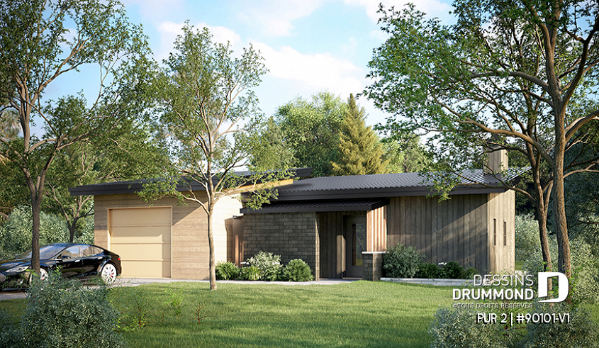 Version couleur no. 1 - Vue avant - Plan de mini maison écologique avec serre et garage, une chambre, concept à aire ouverte - PUR 2