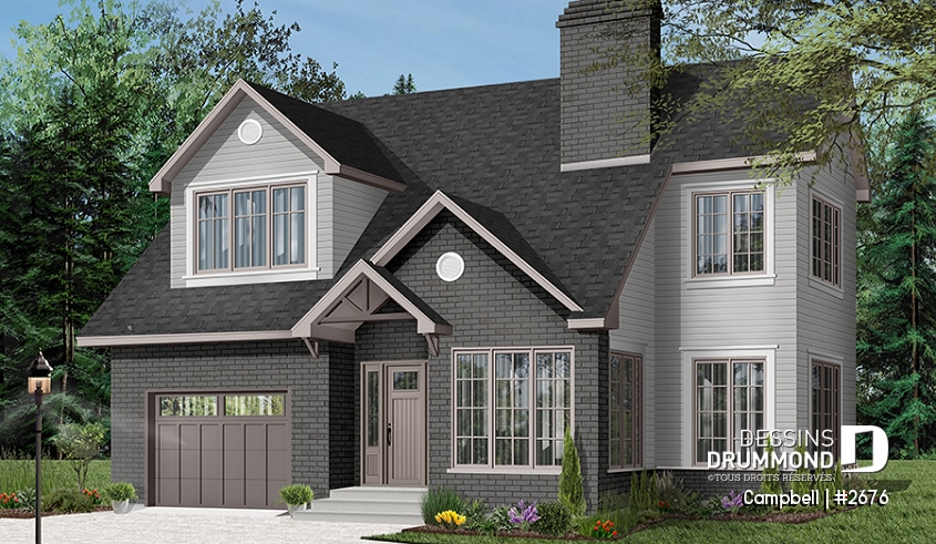 Version couleur no. 6 - Vue avant - Plan de cottage avec garage, 38' de façade, 3 chambres, 2 salles de bain & buanderie à l'étage, foyer - Campbell