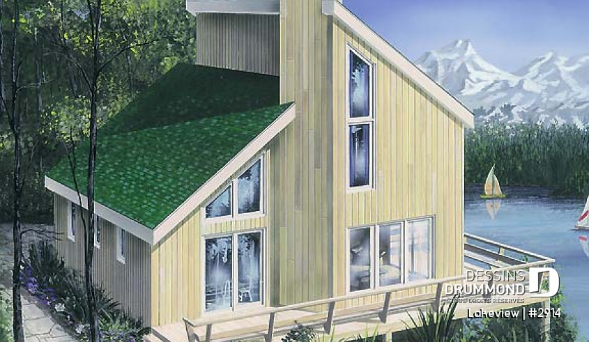 Vue avant - MODÈLE DE BASE - Plan de chalet abordable d'inspiration scandinave avec grande terrasse et 3 chambres - Lakeview