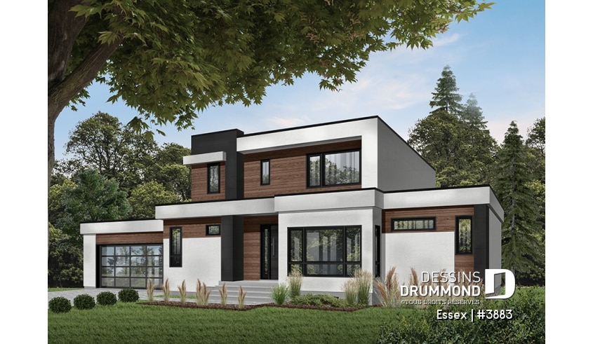 Version couleur no. 1 - Vue avant - Maison cubique moderne, bureau à domicile, garde-manger, aire ouverte, foyer, balcon couvert, garage double - Essex