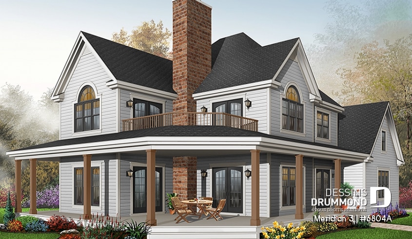 Version couleur no. 3 - Vue avant - Plan d'un cottage panoramique avec garage double, 3 chambres, fenêtrage abondant, coin déjeuner - Meridian 3