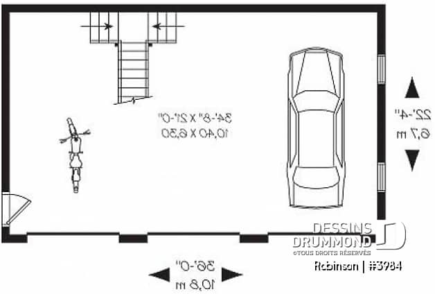 Rez-de-chaussée - Plan de garage tiple de style fermette avec espace boni aménageable  - Robinson