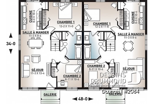 Rez-de-chaussée - Plan de maisons Jumelées de style Craftsman, 2 chambres, sous-sol à aménager, espace ouvert - Daunais
