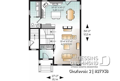 Rez-de-chaussée - Plan de maison à étage, 3 chambres, appartement au sous-sol, buanderie au rez-de-chaussée, vestibule - Charlevoix 2
