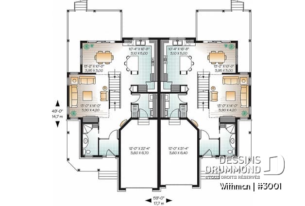 Rez-de-chaussée - Plan de duplex avec 2 garages, 3 chambres et 2 salles de bain par logement, belle cuisine avec garde-manger - Withman