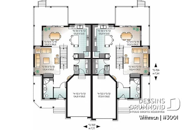 Rez-de-chaussée - Plan de duplex avec 2 garages, 3 chambres et 2 salles de bain par logement, belle cuisine avec garde-manger - Withman