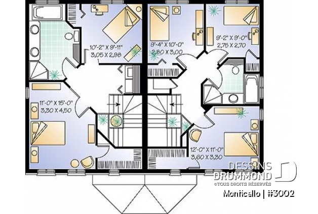 Étage - Plan de maison jumelé à étage, 2 à 3 chambres, 2 salles de bain par unité, aire ouverte, îlot à la cuisine - Monticello