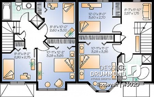 Étage - Plan de jumelé 2 à 3 chambres, vestibule fermé, garde-manger, aire ouverte, salle d'eau au rez-de-chaussée - Roosevelt