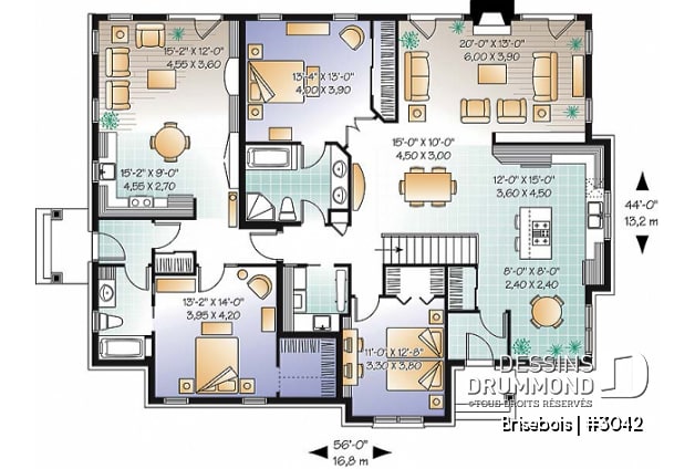 Rez-de-chaussée - Plan de maison bi-génération, 2 chambres côté famille, grand séjour avec foyer, très lumineux - Angeline 2
