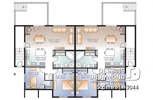 Sous-sol - Plan de 4 logements, 2 chambres, 1 salle de bain avec buanderie, cuisine, salle à manger et salon à l'arrière - Sapinière