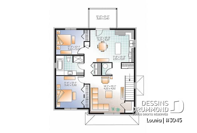 Étage - Plan de 3 logement,  modèle triplex moderne, 2 chambres, buanderie, balcon, garde-manger - Lounia