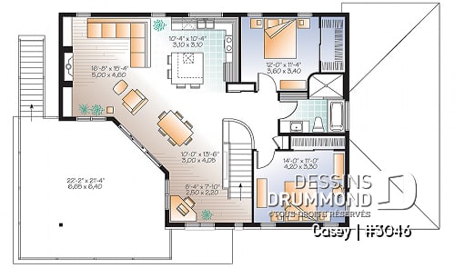 Étage - Plan de maison bi-génération contemporaine, 1 ou 2 chambres et grande terrasse à chaque unité - Casey