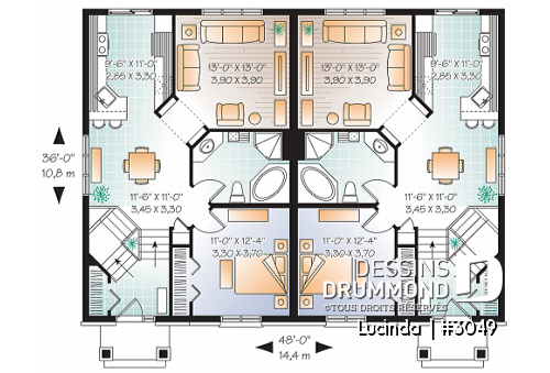 Rez-de-chaussée - Plan de Jumelé de 3 chambres par unité, entrée split, chambre des maîtres au r-d-c, 2 salles de bain - Lucinda 
