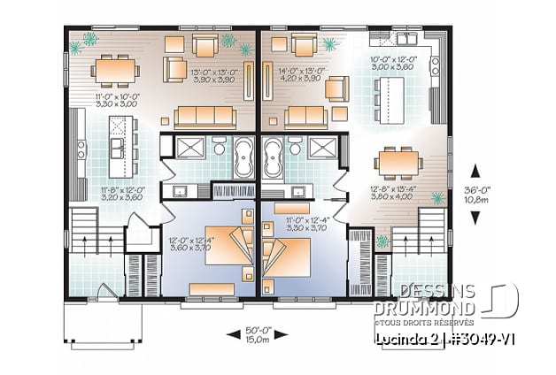 Rez-de-chaussée - Plan maison jumelée, 2 options au r-d-c, 3 chambres, 2 salles de bain et 2 salles familiales - Lucinda 2