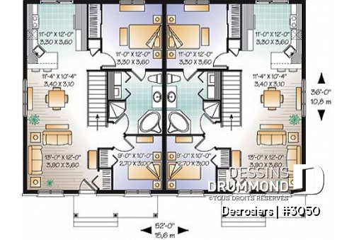 Rez-de-chaussée - Plan de maison jumelé, 2 chambres, belle galerie avant, buanderie au rez-de-chaussée, comptoir-lunch - Desrosiers