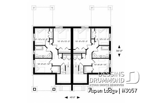 Sous-sol - Plan de maison jumelée à entrée split, 3 chambres, 1.5 salles de bain par unité, grand balcon avant, poêle - Aspen Lodge