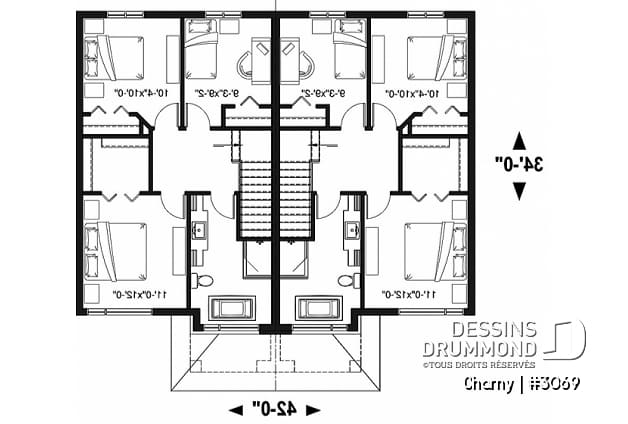 Étage - Plan de jumelé contemporain, 3 à 4 chambres & 1.5 salles de bain par unité, grande cuisine - Charny
