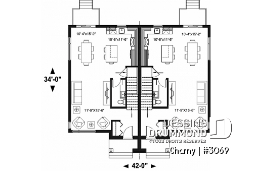 Rez-de-chaussée - Plan de jumelé contemporain, 3 à 4 chambres & 1.5 salles de bain par unité, grande cuisine - Charny