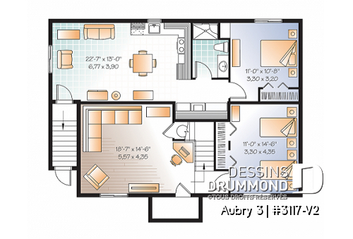 Sous-sol - Plan de maison plain-pied 3 chambres & 2 salles familiales (proprio) avec appartement au sous-sol de 1 chambre - Aubry 3