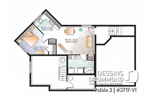 Sous-sol - Plan de maison contemporaine avec appartement au sous-sol, 3 chambres au propriétaire, plafond 9', garage - Adèle 2