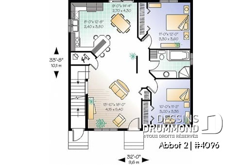 Rez-de-chaussée - Plan de duplex,  2 chambres, belle cuisine avec comptoir lunch, rangement, aire ouverte - Abbot 2