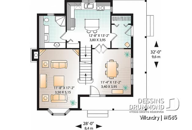 Rez-de-chaussée - Plan de cottage à l'américaine, 3 chambres, vestibule de bon format, balcon couvert, 2 salles de bain - Villandry