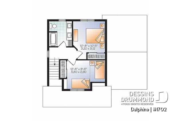 Étage - Plan de petite maison Farmhouse, 2 chambres de bon format, garage, 1.5 salles de bain, buanderie au rdc. - Delphine