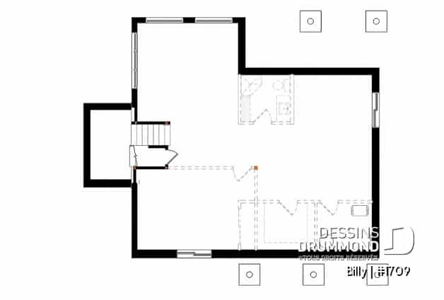 Sous-sol - Plan de maison moderne, 1 grande chambre, fenestration abondante, grande cuisine avec îlot, balcon couvert - Billy