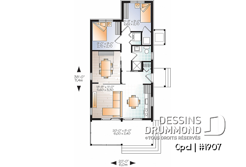 Rez-de-chaussée - Plan de petit plain-pied moderne rustique, 2+ chambres, abordable, grand balcon couvert - Opal