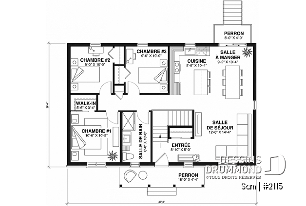 Rez-de-chaussée - Plan de maison plain-pied 3 chambres, économique, espace ouvert, walk-in chambre des parents - Sam
