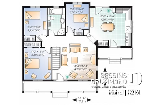 Rez-de-chaussée - Plan de plain-pied 3 chambres au rez-de-chaussée, grande cuisine, grand balcon avant couvert - Mistral