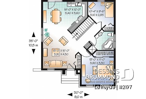 Rez-de-chaussée - Plan de maison 2 chambres de style européen anglais, abordable, sous-sol à aménager selon vos besoin - La Royale