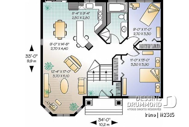 Rez-de-chaussée - Plan de petite maison à entrée split avec salle de séjour tout en lumière, cuisine avec îlot, 2 chambres - Irène