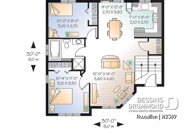 Rez-de-chaussée - Plan de maison split level, 2 chambres, garde-robe à l'entrée, espace ouvert, coût abordable - Roussillon