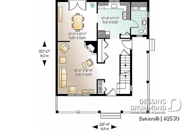 Rez-de-chaussée - Plan de petite maison champêtre, 3 chambres à l'étage, buanderie au r-d-c, foyer, foyer, grandes garde-robes - Benevelli