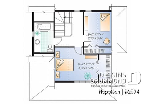 Étage - Plan de chalet 4-saisons, style champêtre avec grand balcon, plancher à aire ouverte, galerie couverte - Napoléon