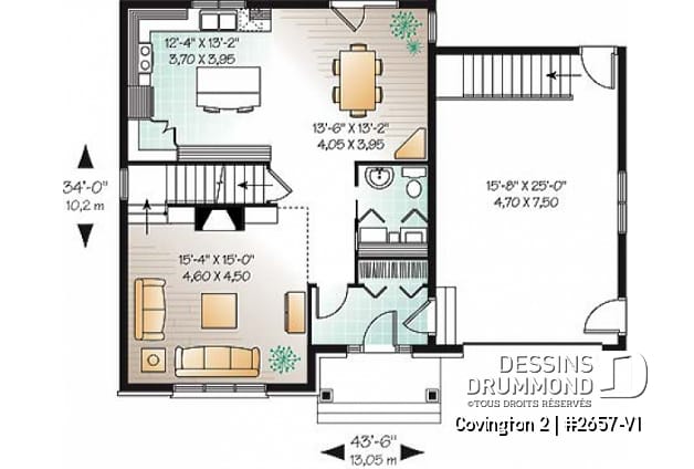 Rez-de-chaussée - Plan de manoir 3 chambres, garage, mezzanine, foyer, terrasse abritée - Covington 2