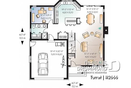 Rez-de-chaussée - Plan de maison moderne 3 chambres, bureau, mezzanine, espace ouvert, îlot, garage - Turret